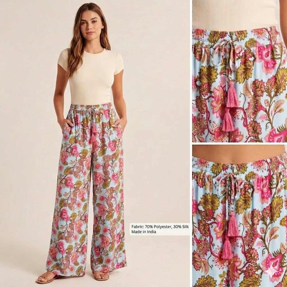 Cienna Pants XL Silk Blend Wide Leg Floral Pink Green Elastic Waist Tassel India